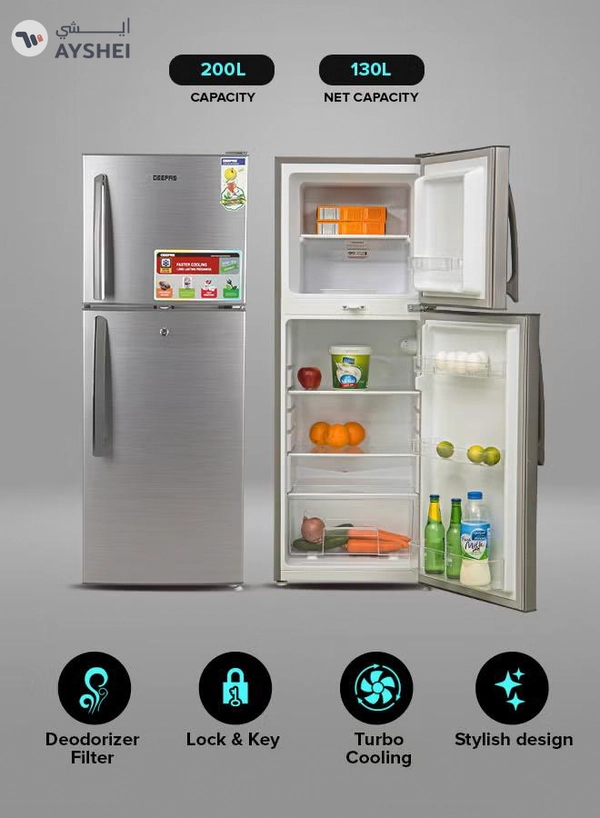 GEEPAS 200L Gross/138L Net Capacity, Direct Cool Double Door Defrost Refrigerator With Grip Handle| Silver Finish, Glass Shelves, Transparent Door Basket, Adjustable Front Wheel, Lock & Key, Low Noise, Quick Cooling, Low Voltage,Freezer- 40L capacity GRF2209SXE Silver
