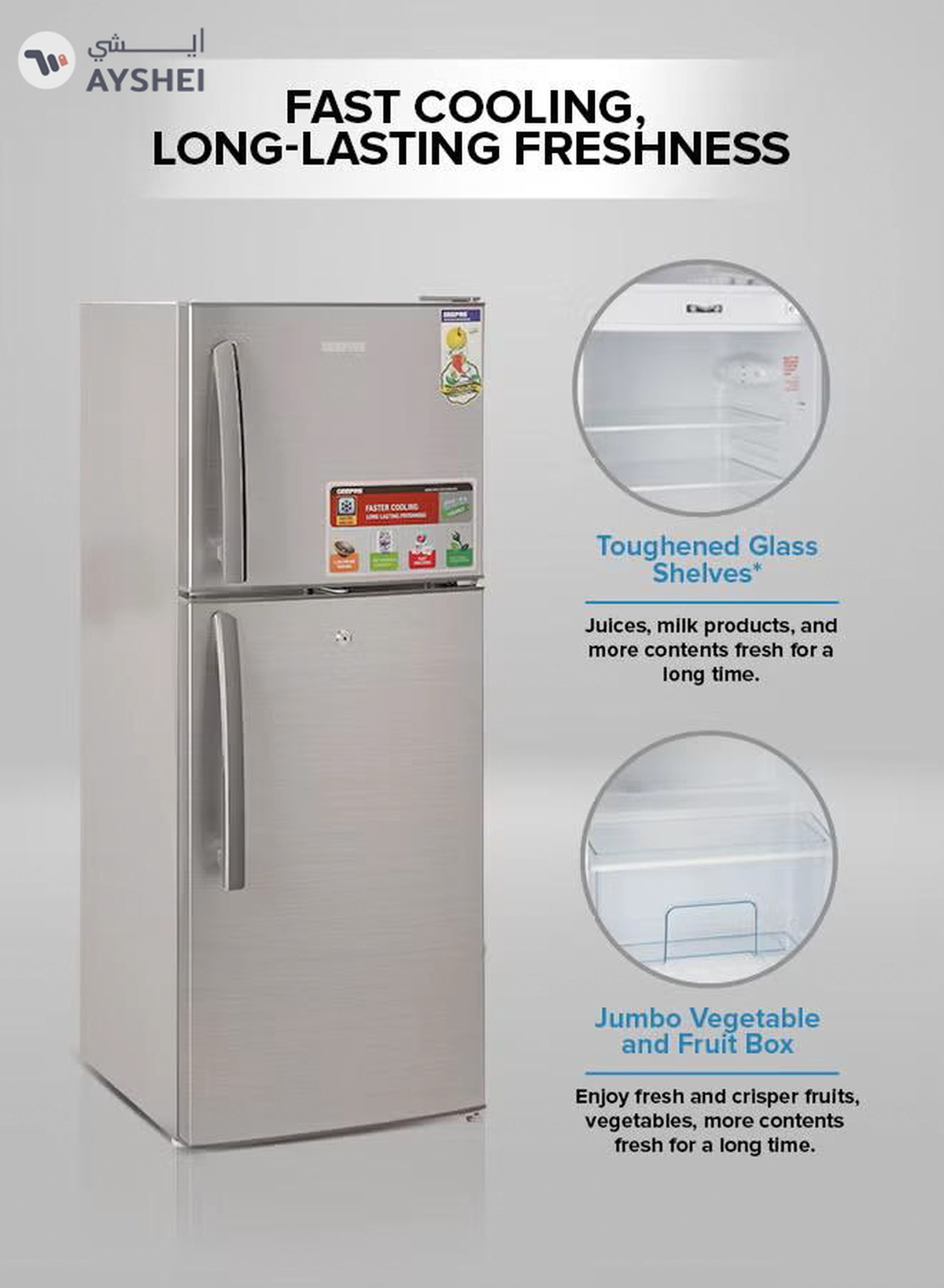 GEEPAS 200L Gross/138L Net Capacity, Direct Cool Double Door Defrost Refrigerator With Grip Handle| Silver Finish, Glass Shelves, Transparent Door Basket, Adjustable Front Wheel, Lock & Key, Low Noise, Quick Cooling, Low Voltage,Freezer- 40L capacity GRF2209SXE Silver-3-3