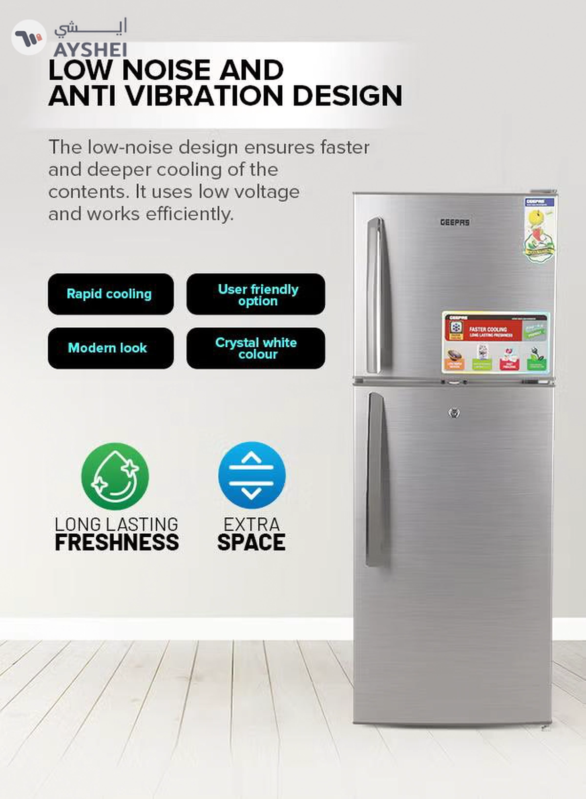 GEEPAS 200L Gross/138L Net Capacity, Direct Cool Double Door Defrost Refrigerator With Grip Handle| Silver Finish, Glass Shelves, Transparent Door Basket, Adjustable Front Wheel, Lock & Key, Low Noise, Quick Cooling, Low Voltage,Freezer- 40L capacity GRF2209SXE Silver-4-4