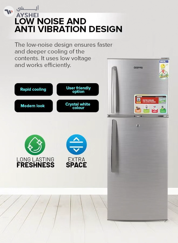 GEEPAS 200L Gross/138L Net Capacity, Direct Cool Double Door Defrost Refrigerator With Grip Handle| Silver Finish, Glass Shelves, Transparent Door Basket, Adjustable Front Wheel, Lock & Key, Low Noise, Quick Cooling, Low Voltage,Freezer- 40L capacity GRF2209SXE Silver