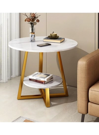 DubaiGallery Coffee Table Round Smooth 2 Tier Side Table Luxury Designer House Decor Living Room End Table with Gold Metal Frame-1