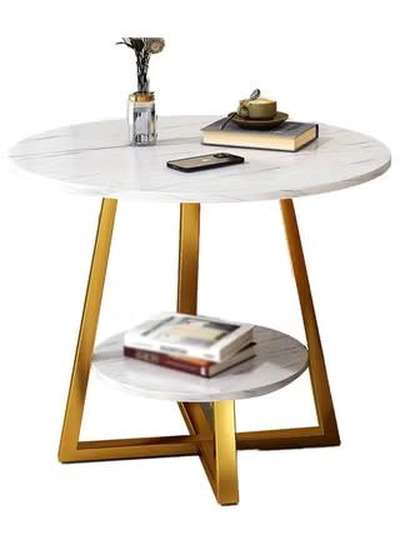 DubaiGallery Coffee Table Round Smooth 2 Tier Side Table Luxury Designer House Decor Living Room End Table with Gold Metal Frame-2