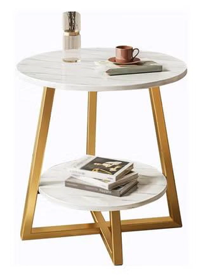 DubaiGallery Coffee Table Round Smooth 2 Tier Side Table Luxury Designer House Decor Living Room End Table with Gold Metal Frame-0