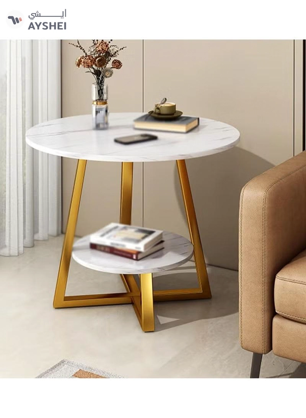 DubaiGallery Coffee Table Round Smooth 2 Tier Side Table Luxury Designer House Decor Living Room End Table with Gold Metal Frame
