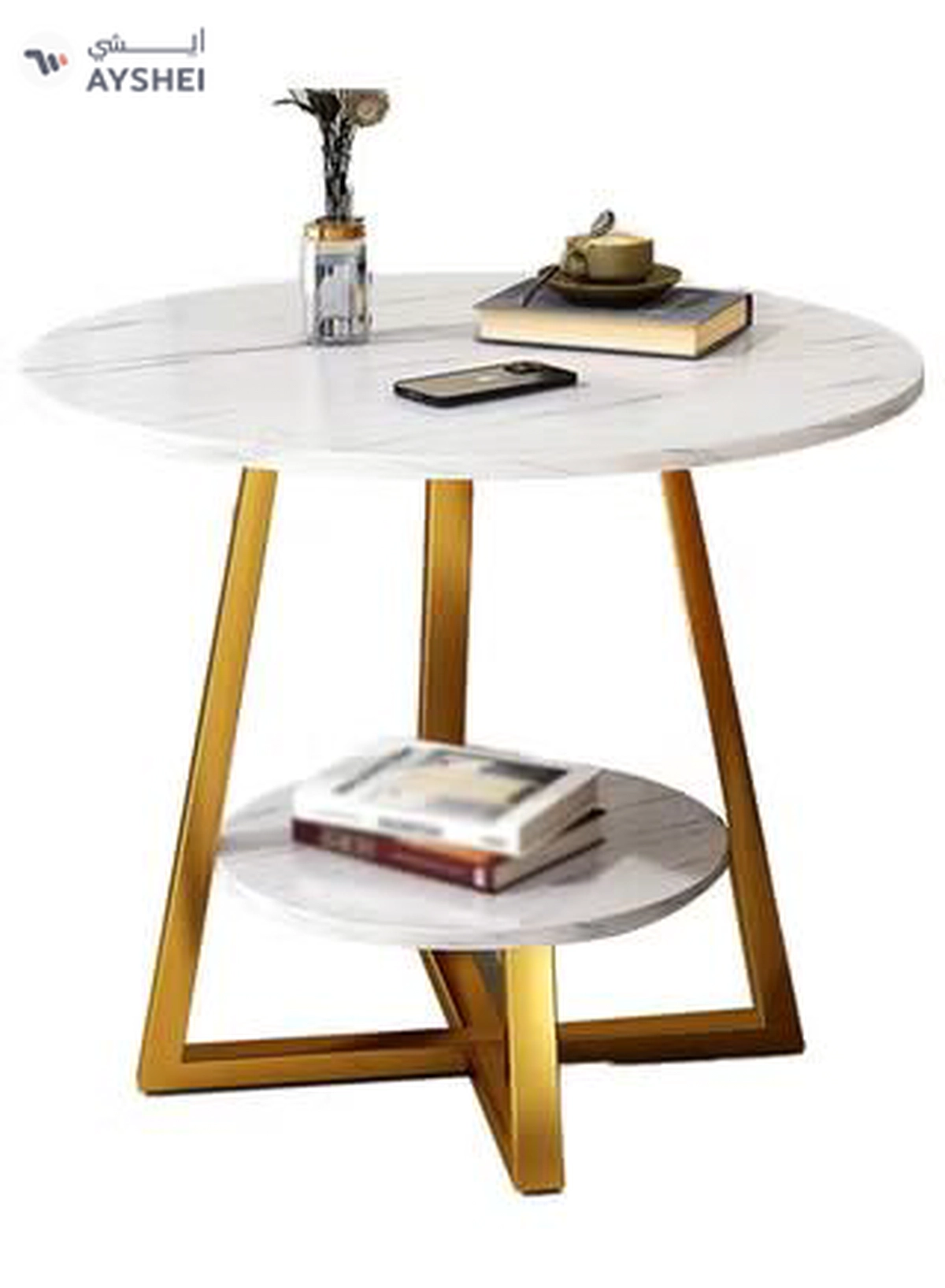 DubaiGallery Coffee Table Round Smooth 2 Tier Side Table Luxury Designer House Decor Living Room End Table with Gold Metal Frame-2-2
