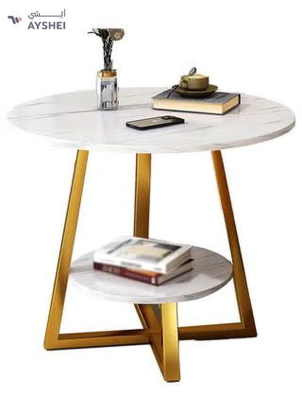 DubaiGallery Coffee Table Round Smooth 2 Tier Side Table Luxury Designer House Decor Living Room End Table with Gold Metal Frame