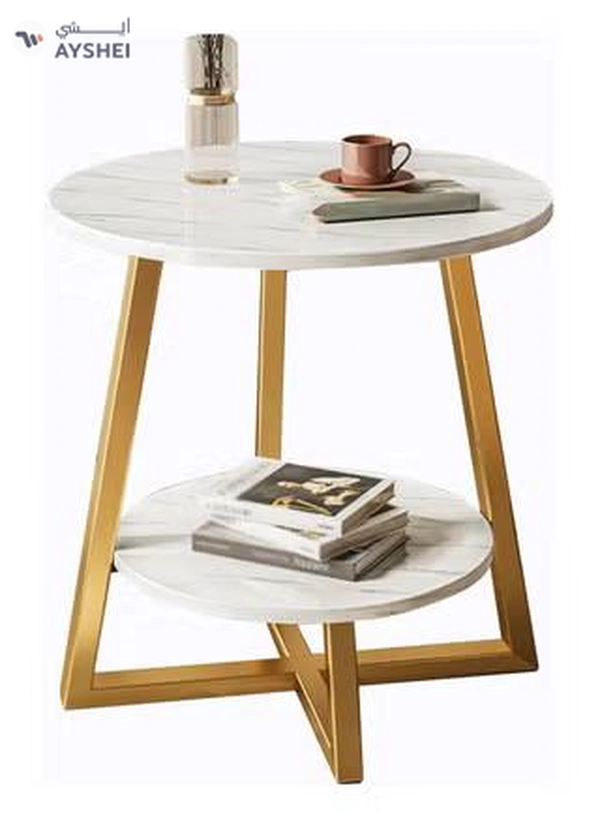 DubaiGallery Coffee Table Round Smooth 2 Tier Side Table Luxury Designer House Decor Living Room End Table with Gold Metal Frame