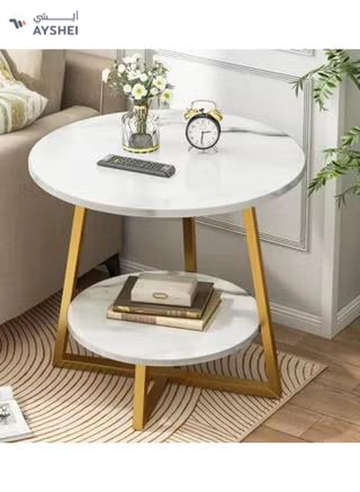 DubaiGallery Coffee Table Round Smooth 2 Tier Side Table Luxury Designer House Decor Living Room End Table with Gold Metal Frame-3-3