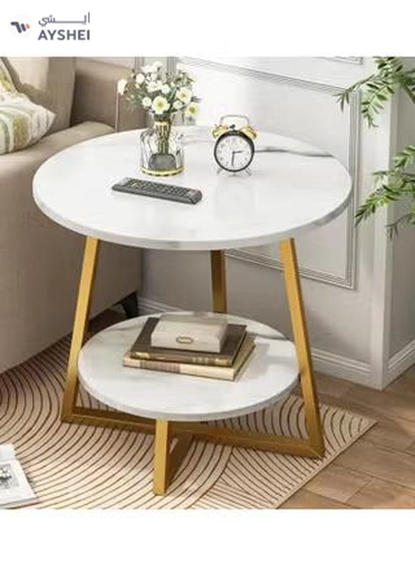 DubaiGallery Coffee Table Round Smooth 2 Tier Side Table Luxury Designer House Decor Living Room End Table with Gold Metal Frame