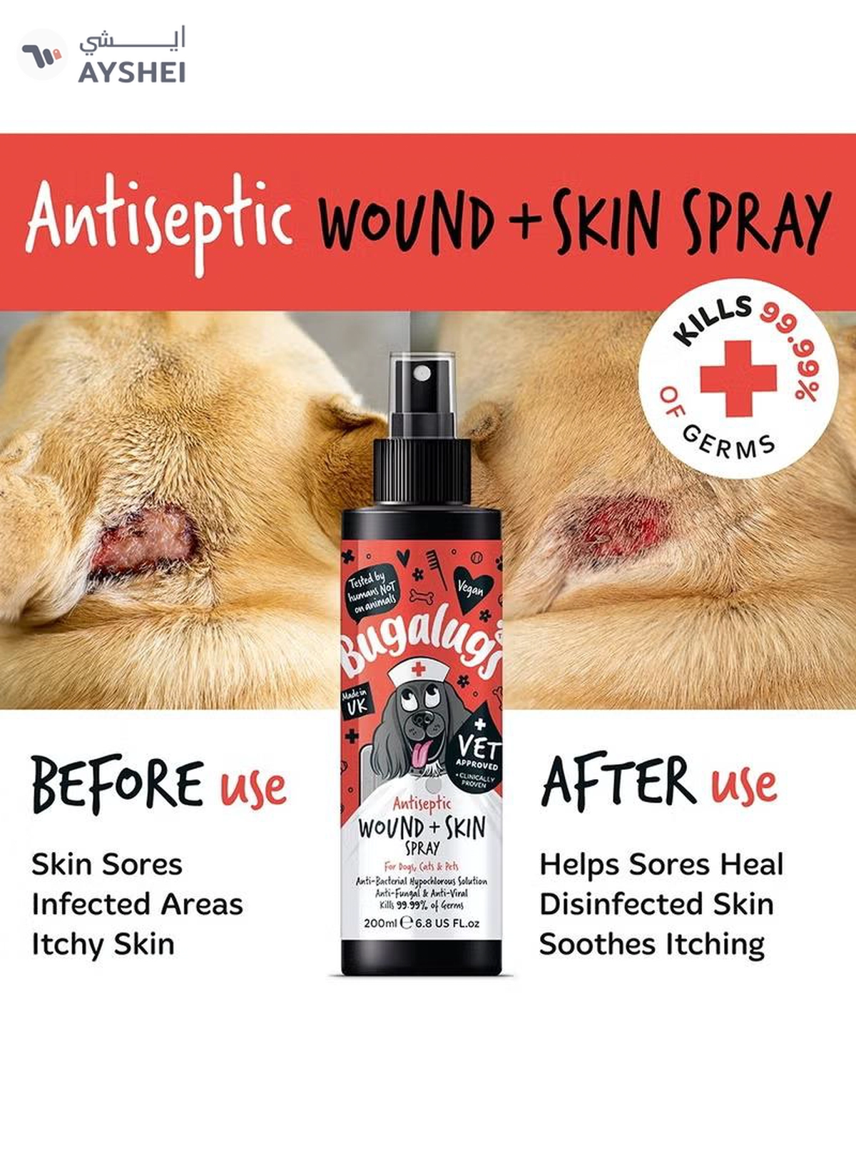 BUGALUGS Antiseptic Wound & Skin Spray 200ml (6.8 Fl Oz-1-1
