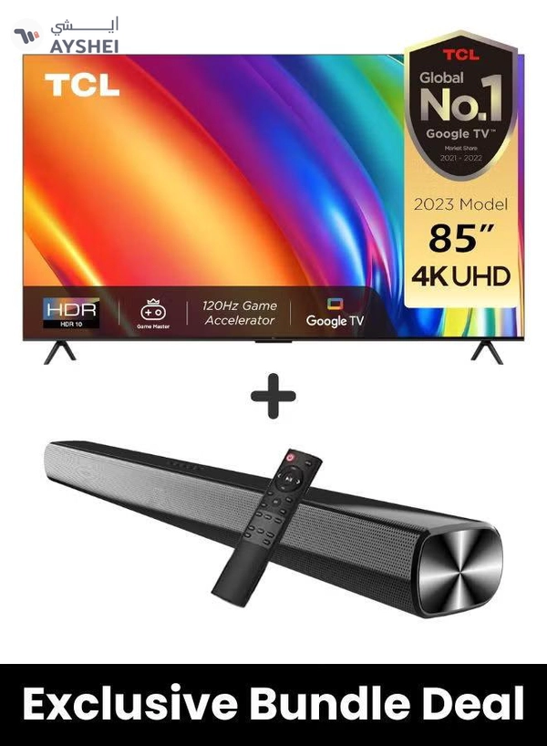 TCL 85 Inch 4K UHD TV & Soundbar Bundle | Dolby Vision, HDR10, AiPQ Engine 3.0, 120Hz Game Accelerator |Immersive 2-Channel Sound, USB, HDMI, Bluetooth & More 85P745+SOUNDBAR black