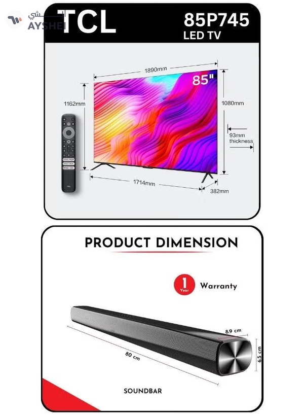 TCL 85 Inch 4K UHD TV & Soundbar Bundle | Dolby Vision, HDR10, AiPQ Engine 3.0, 120Hz Game Accelerator |Immersive 2-Channel Sound, USB, HDMI, Bluetooth & More 85P745+SOUNDBAR black