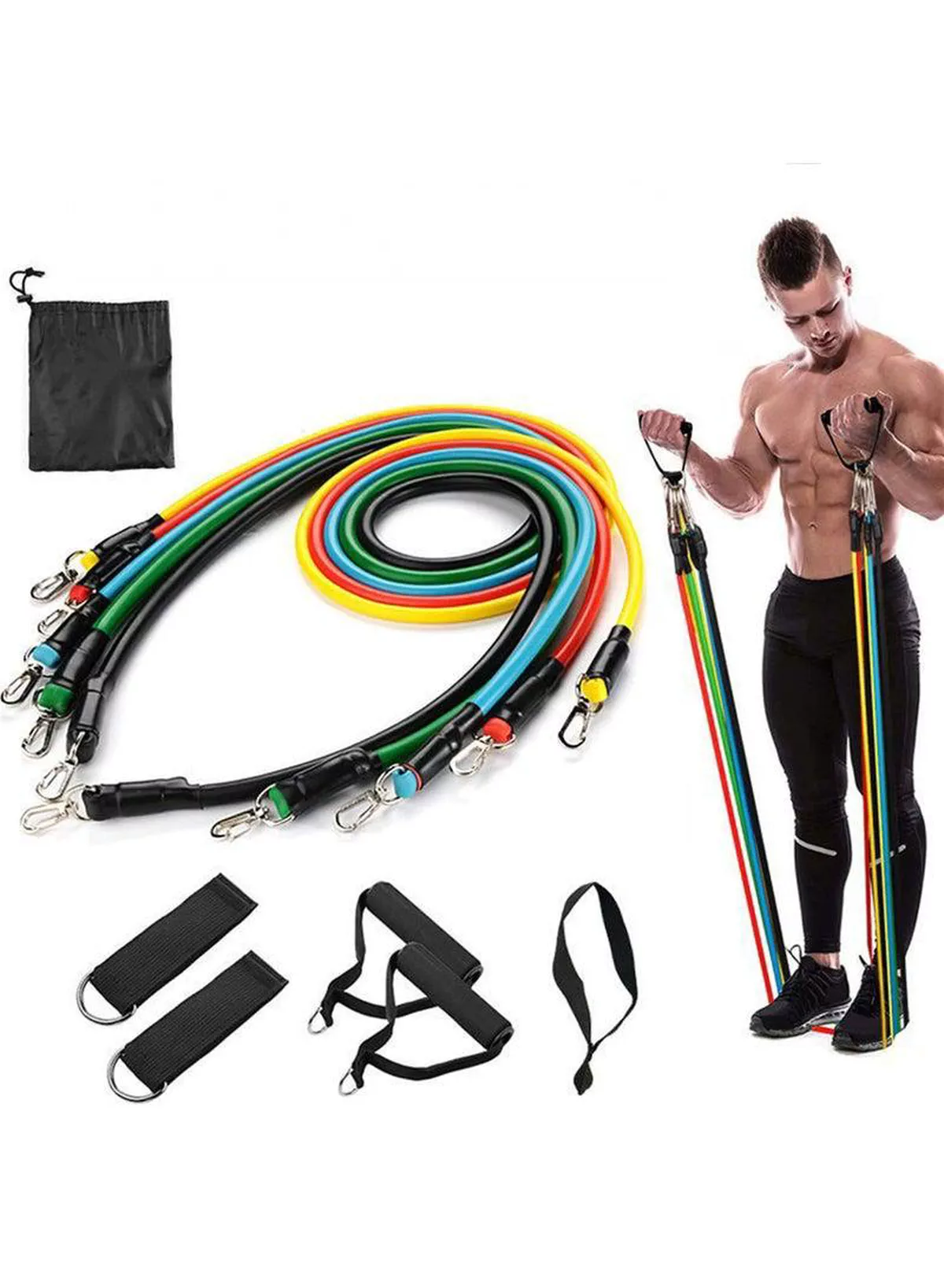 Complete 11-Piece Fitness Resistance Band Training Kit Train anytime and anywhere with this portable resistance band system. Multiple colored bands provide different resistance levels, while included handles, straps, anchor, and storage bag make workouts convenient, effective, and organized.