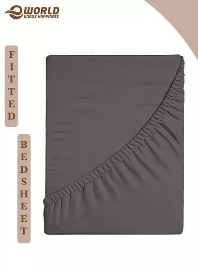 Eworld Grey Microfiber Fitted Bedsheet with Deep Pocket for a Snug Fit, Breathable, Machine Washable for Optimal Protection, Available in King, Queen and Single Sizes, Without Pillow Cover-0