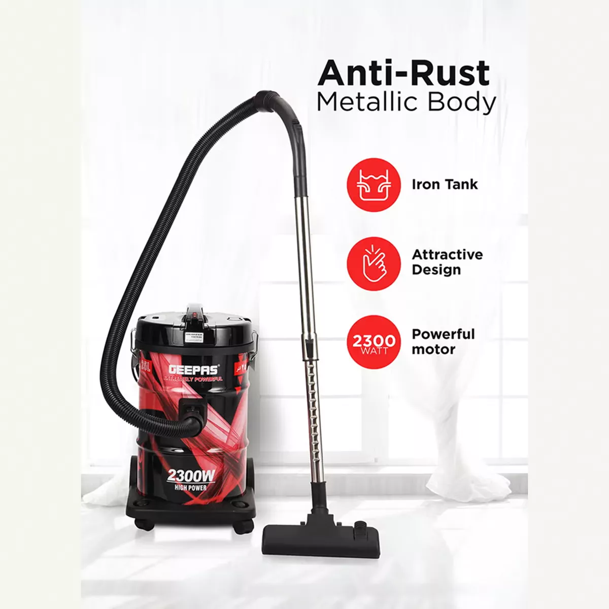 GEEPAS Drum Vacuum Cleaner With 25 L Dust Bag Capacity/Dry And Blow Function/Adjustable Suction Power And Multi-Filtration System/Dust Full Indicator & Perfect For Home, Apartments, Offices & Malls 25 L 2400 W GVC2598R Grey/Black-3-3