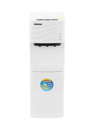 GEEPAS Water Dispenser with Refrigerator| Stainless Steel Water Tank with Compressor Cooling and 3 Taps, Hot, Normal and Cold| Equipped with Child Safety Button| Perfect for Home and Office| 2 Years Warranty GWD8355 White-0