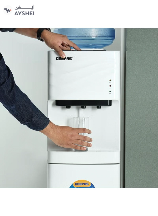 GEEPAS Water Dispenser with Refrigerator| Stainless Steel Water Tank with Compressor Cooling and 3 Taps, Hot, Normal and Cold| Equipped with Child Safety Button| Perfect for Home and Office| 2 Years Warranty GWD8355 White