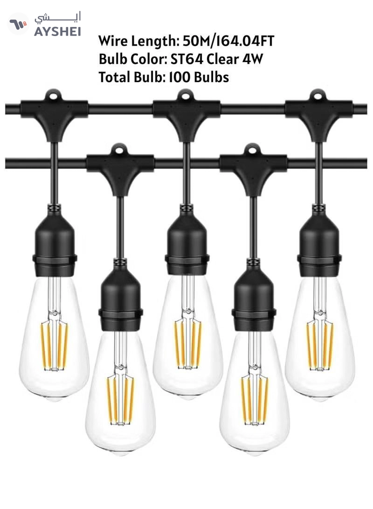 Yuwell Outdoor Waterproof IP65 Led String Lights E27 Holder 50 Meter Bulb Holder Wire With 100 Bulbs 4W ST64 Clear With EU Plug Solar Bulb Holder For Ramadan Decoration Lights And Outdoor Decoration Light Hanging Light String Wire Ramadan Light For Commercial Patio Garden & Porch Yard-2-2