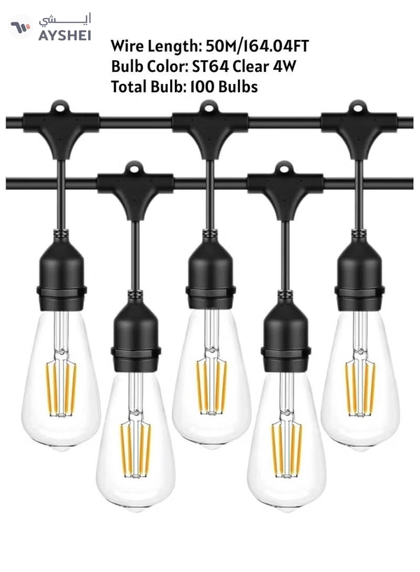 Yuwell Outdoor Waterproof IP65 Led String Lights E27 Holder 50 Meter Bulb Holder Wire With 100 Bulbs 4W ST64 Clear With EU Plug Solar Bulb Holder For Ramadan Decoration Lights And Outdoor Decoration Light Hanging Light String Wire Ramadan Light For Commercial Patio Garden & Porch Yard