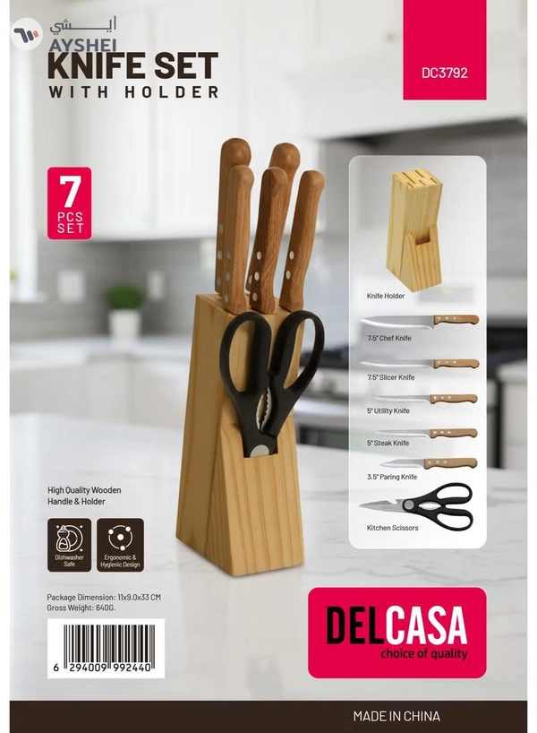 Delcasa Kitchen Knife Set- DC3792 Includes Chef, Slicer, Utility, Steak, Paring Knives and Scissors Stylish Wooden Holder and Handle