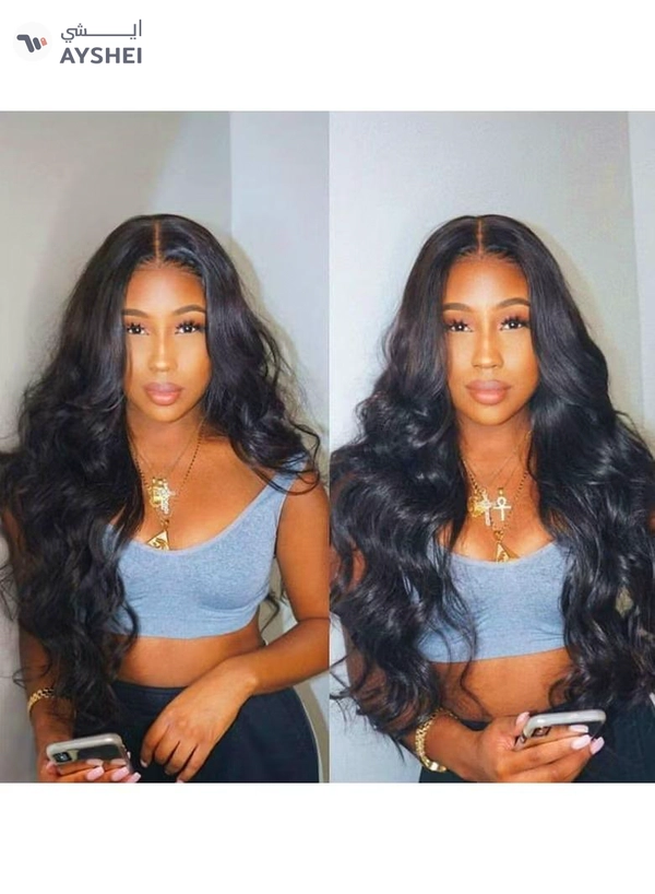 ORiTi Long Wave Wigs with Bangs, Natural Curly Wavy Hair Black Color Synthetic Wigs with Neat Bangs 