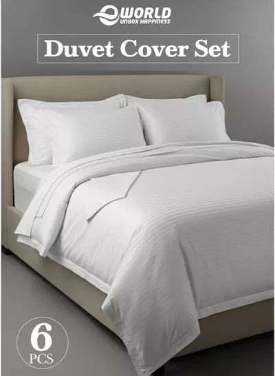Premium Striped Duvet Set All Season – 6-Pieces set White | King Size 220x240 cm | Ultra-Soft, Wrinkle-Resistant & Made in Dubai | Includes Duvet Cover, Fitted Sheet ( 200x200 cm ) & 4 Pillow Covers ( 50x70 cm )-0