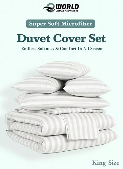 Premium Striped Duvet Set All Season – 6-Pieces set White | King Size 220x240 cm | Ultra-Soft, Wrinkle-Resistant & Made in Dubai | Includes Duvet Cover, Fitted Sheet ( 200x200 cm ) & 4 Pillow Covers ( 50x70 cm )-2
