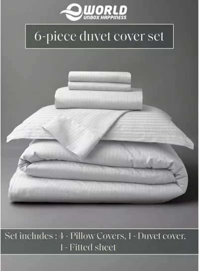 Premium Striped Duvet Set All Season – 6-Pieces set White | King Size 220x240 cm | Ultra-Soft, Wrinkle-Resistant & Made in Dubai | Includes Duvet Cover, Fitted Sheet ( 200x200 cm ) & 4 Pillow Covers ( 50x70 cm )-3
