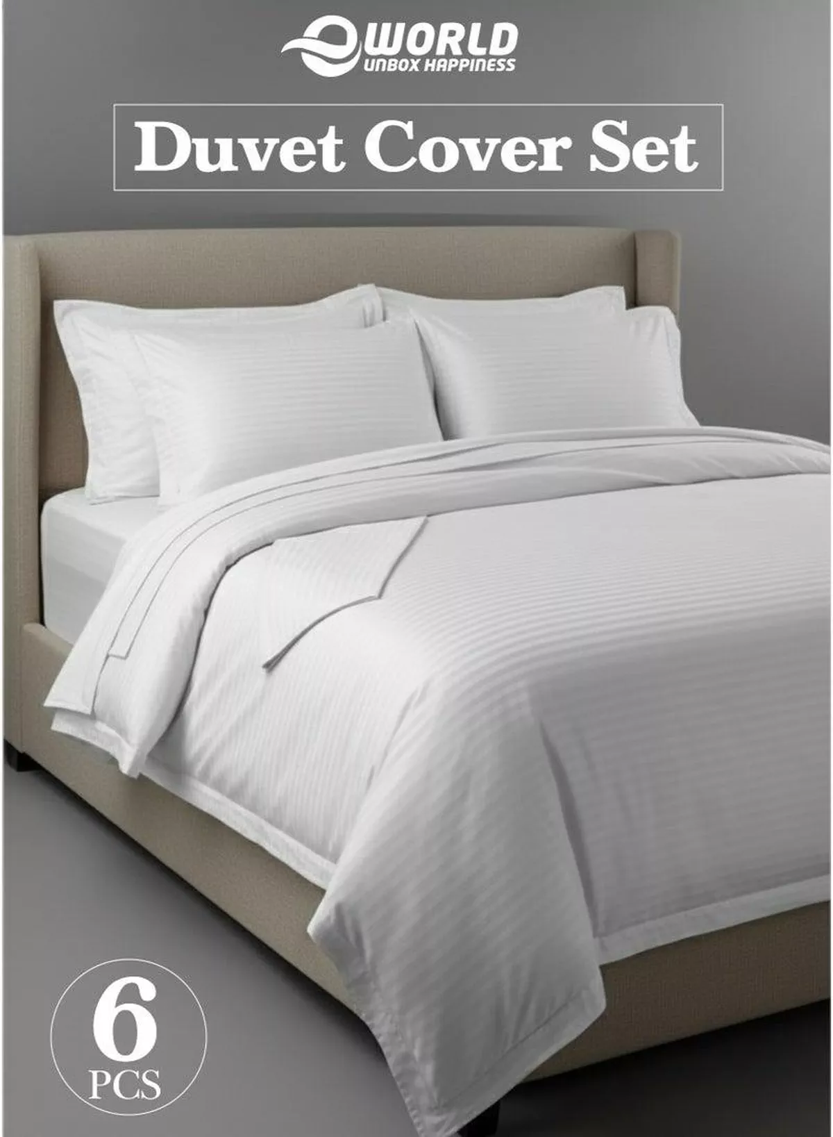 Premium Striped Duvet Set All Season – 6-Pieces set White | King Size 220x240 cm | Ultra-Soft, Wrinkle-Resistant & Made in Dubai | Includes Duvet Cover, Fitted Sheet ( 200x200 cm ) & 4 Pillow Covers ( 50x70 cm )