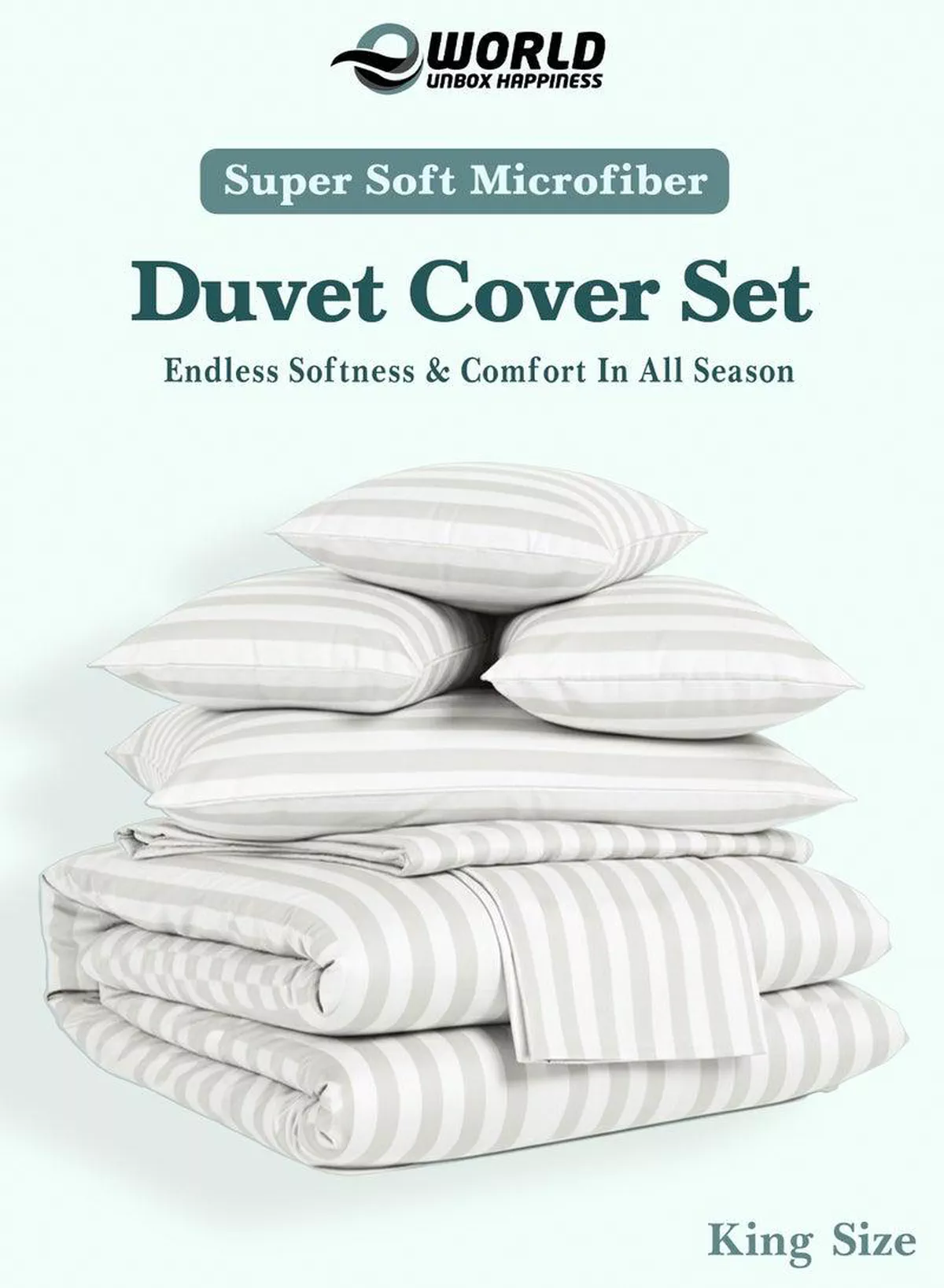 Premium Striped Duvet Set All Season – 6-Pieces set White | King Size 220x240 cm | Ultra-Soft, Wrinkle-Resistant & Made in Dubai | Includes Duvet Cover, Fitted Sheet ( 200x200 cm ) & 4 Pillow Covers ( 50x70 cm )-2-2