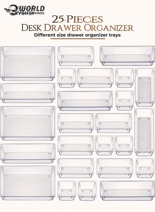 Eworld 25 piece Clear Plastic Drawer Organizer Tray, Drawer Dividers Storage Bins