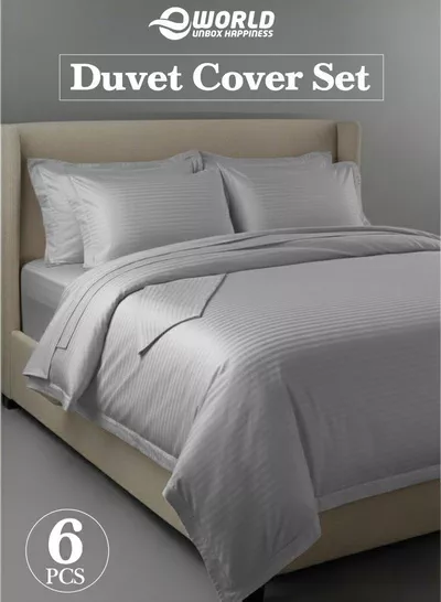 Premium Striped Duvet Set All Season – 6-Pieces Set Grey | King Size 220x240 cm | Ultra-Soft, Wrinkle-Resistant & Made in Dubai | Includes Duvet Cover, Fitted Sheet (200x200 cm) & 4 Pillowcases (50x70 cm)-0