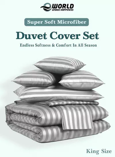 Premium Striped Duvet Set All Season – 6-Pieces Set Grey | King Size 220x240 cm | Ultra-Soft, Wrinkle-Resistant & Made in Dubai | Includes Duvet Cover, Fitted Sheet (200x200 cm) & 4 Pillowcases (50x70 cm)-2