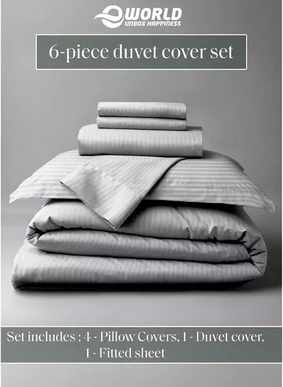 Premium Striped Duvet Set All Season – 6-Pieces Set Grey | King Size 220x240 cm | Ultra-Soft, Wrinkle-Resistant & Made in Dubai | Includes Duvet Cover, Fitted Sheet (200x200 cm) & 4 Pillowcases (50x70 cm)-3