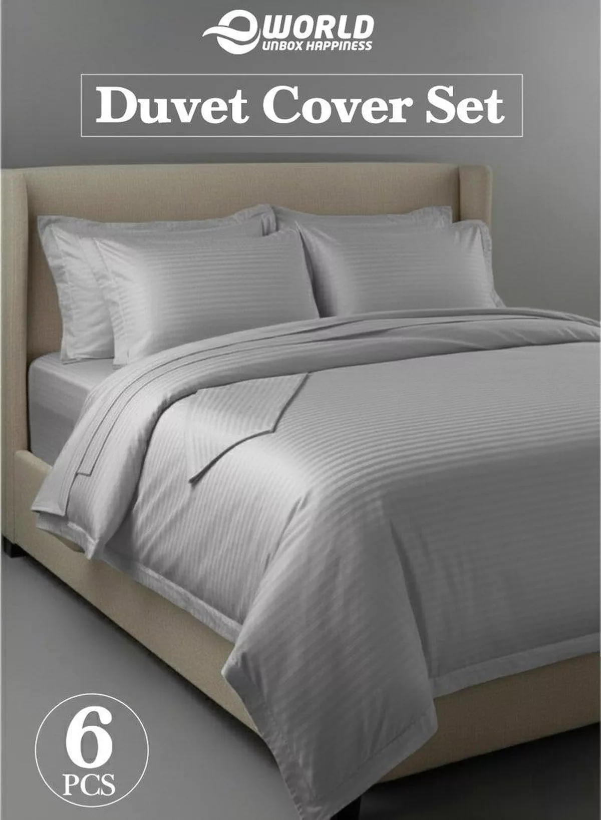 Premium Striped Duvet Set All Season – 6-Pieces Set Grey | King Size 220x240 cm | Ultra-Soft, Wrinkle-Resistant & Made in Dubai | Includes Duvet Cover, Fitted Sheet (200x200 cm) & 4 Pillowcases (50x70 cm)