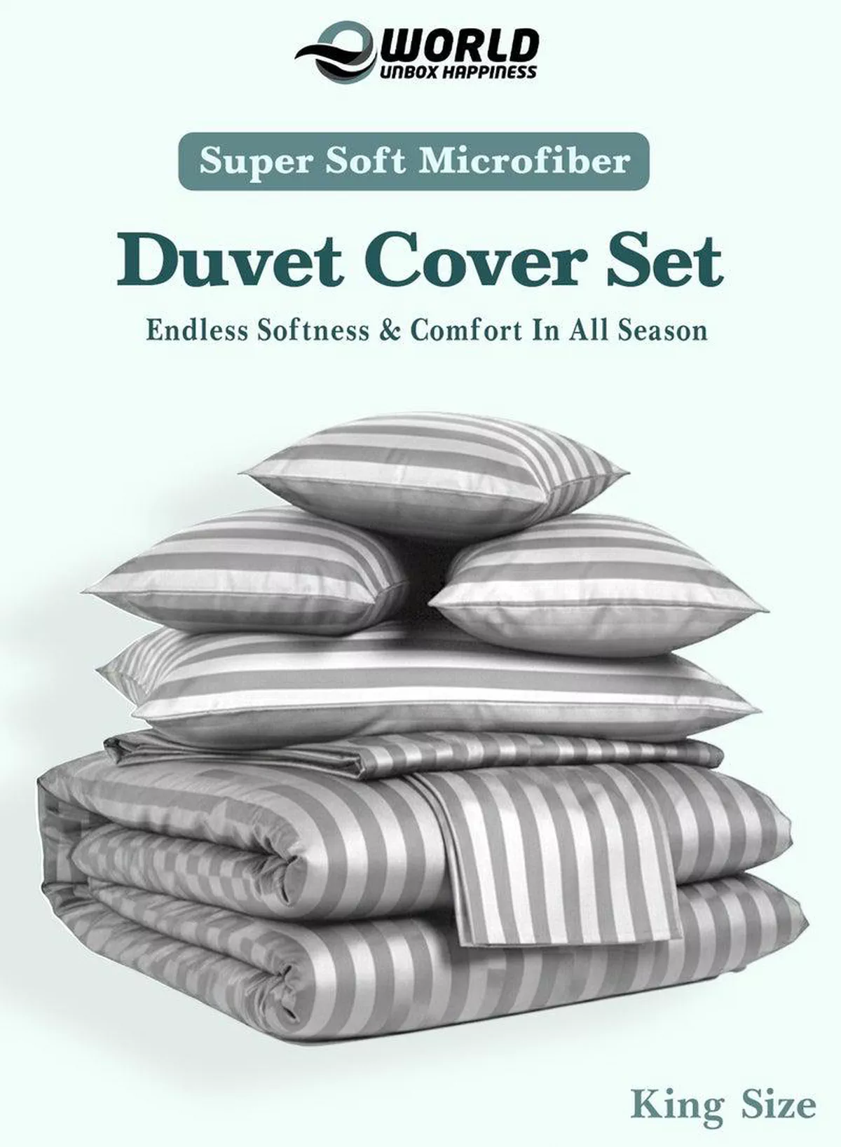 Premium Striped Duvet Set All Season – 6-Pieces Set Grey | King Size 220x240 cm | Ultra-Soft, Wrinkle-Resistant & Made in Dubai | Includes Duvet Cover, Fitted Sheet (200x200 cm) & 4 Pillowcases (50x70 cm)-2-2