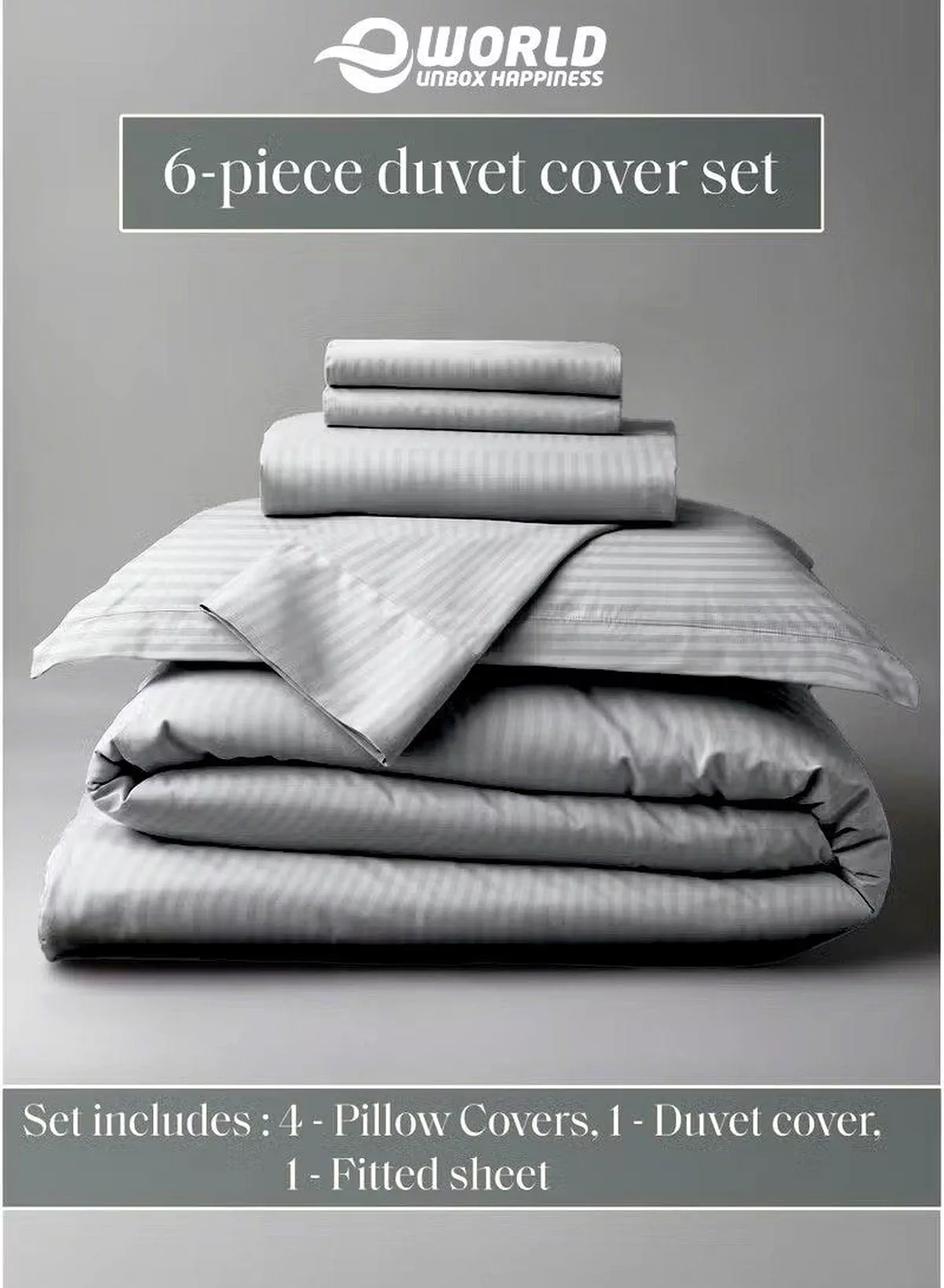 Premium Striped Duvet Set All Season – 6-Pieces Set Grey | King Size 220x240 cm | Ultra-Soft, Wrinkle-Resistant & Made in Dubai | Includes Duvet Cover, Fitted Sheet (200x200 cm) & 4 Pillowcases (50x70 cm)-3-3