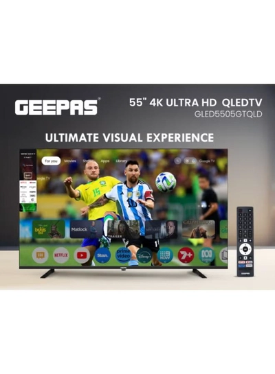 GEEPAS 55" 4K Ultra HD QLED Google TV | Sharp Picture with Sleek Design, with Built-in Apps | Dolby Audio, HDMI & USB Connectivity | Voice Remote with Google Cast | GLED5505GTQLD-0