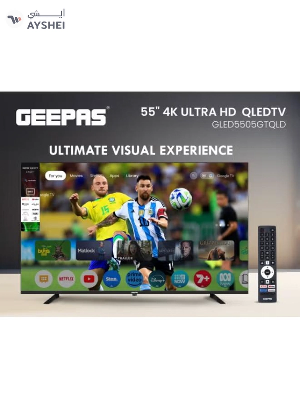 GEEPAS 55" 4K Ultra HD QLED Google TV | Sharp Picture with Sleek Design, with Built-in Apps | Dolby Audio, HDMI & USB Connectivity | Voice Remote with Google Cast | GLED5505GTQLD