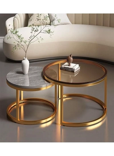 DubaiGallery Nesting Coffee Table Set of 2, Modern Side Table, Round Tempered Glass Marble Texture Stackable Coffee Tables, Living Room Sofa Table, Metal Frame, for Living Room Balcony Office-0