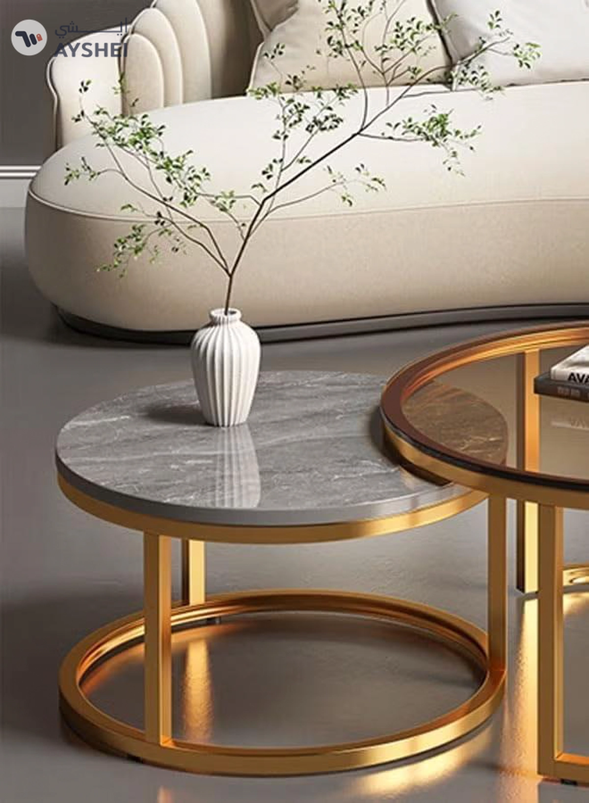 DubaiGallery Nesting Coffee Table Set of 2, Modern Side Table, Round Tempered Glass Marble Texture Stackable Coffee Tables, Living Room Sofa Table, Metal Frame, for Living Room Balcony Office-2-2