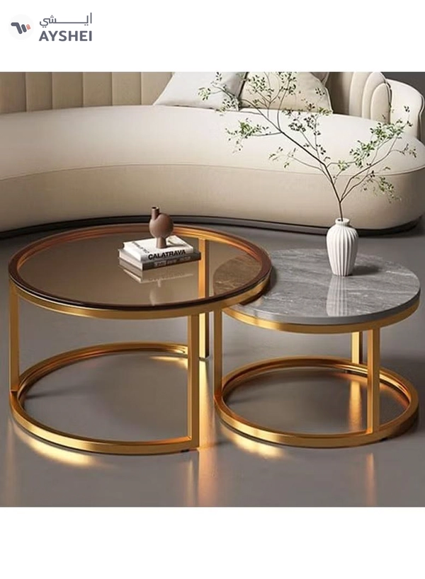 DubaiGallery Nesting Coffee Table Set of 2, Modern Side Table, Round Tempered Glass Marble Texture Stackable Coffee Tables, Living Room Sofa Table, Metal Frame, for Living Room Balcony Office