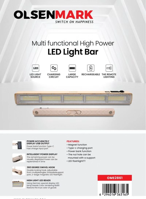 Olsenmark Multifunctional High Power LED Light Bar- OME2861 for Home, Outdoor, Emergency, and Professional Use Bright, Uniform with Remote Lighting, Rechargeable Battery Strong Magnet, Easy to Attach