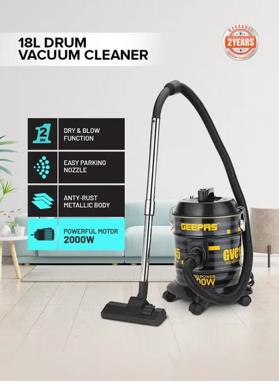 GEEPAS Drum Vacuum Cleaner- 18 L Dust Bag Capacity with Elegant Body, Metallic Tank/ Powerful Suction, Dry and Blow Function, Full Indicator/ Perfect for Home, Office, Apartments 18 L 2000 W GVC19045 Black, Yellow-0