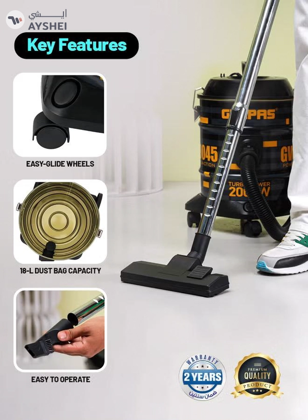 GEEPAS Drum Vacuum Cleaner- 18 L Dust Bag Capacity with Elegant Body, Metallic Tank/ Powerful Suction, Dry and Blow Function, Full Indicator/ Perfect for Home, Office, Apartments 18 L 2000 W GVC19045 Black, Yellow