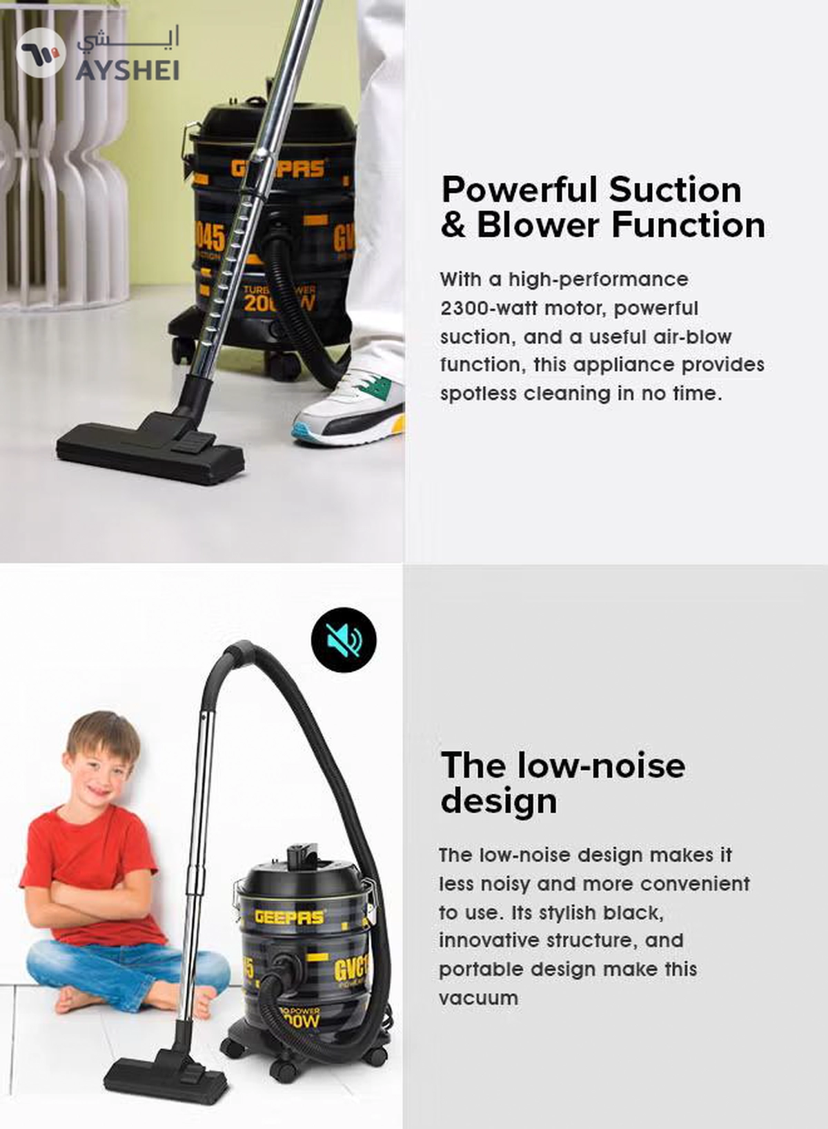 GEEPAS Drum Vacuum Cleaner- 18 L Dust Bag Capacity with Elegant Body, Metallic Tank/ Powerful Suction, Dry and Blow Function, Full Indicator/ Perfect for Home, Office, Apartments 18 L 2000 W GVC19045 Black, Yellow-1-1