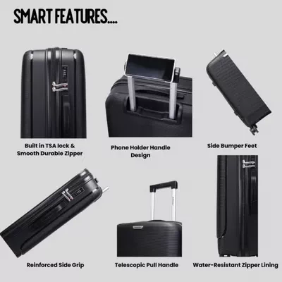British Traveller 3-Piece Polypropylene Luggage Set | 20”, 24”, 28” Lightweight Suitcases with 360° Spinner Wheels, TSA Lock, Water & Scratch Resistant | Durable Hard Shell Trolley Bags with Telescopic Handle - Black-6