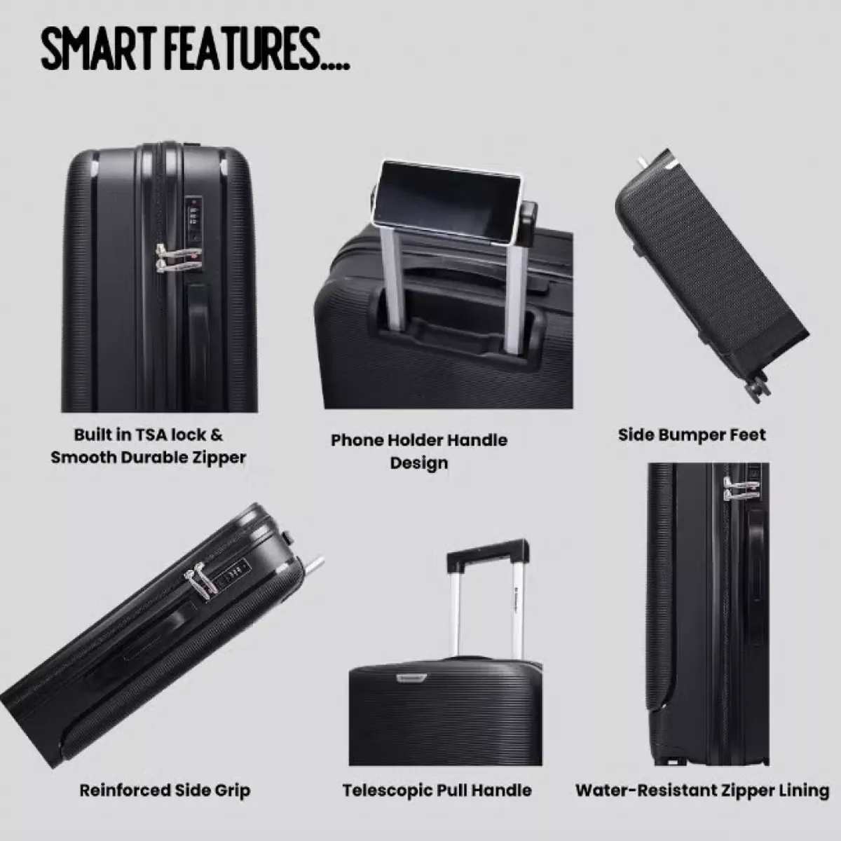 British Traveller 3-Piece Polypropylene Luggage Set | 20”, 24”, 28” Lightweight Suitcases with 360° Spinner Wheels, TSA Lock, Water & Scratch Resistant | Durable Hard Shell Trolley Bags with Telescopic Handle - Black-6-6