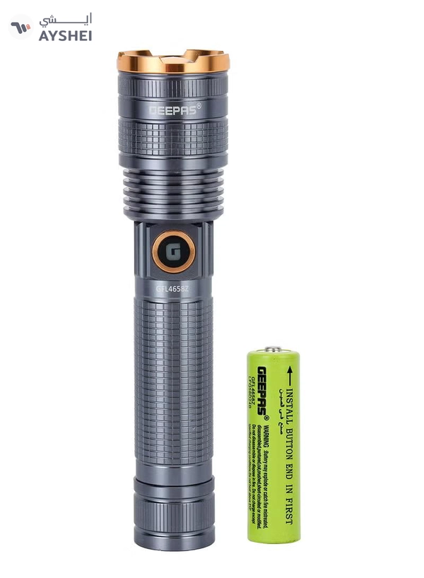 GEEPAS Zoomable 3 IN 1 Family Pack Rechargeable LED Flashlight| Aluminium Alloy Body | 15 W High Power LED | Type C Charging Li-ion 4000 mAh Battery| 6 Hrs working time GFL4658 Black 20cm