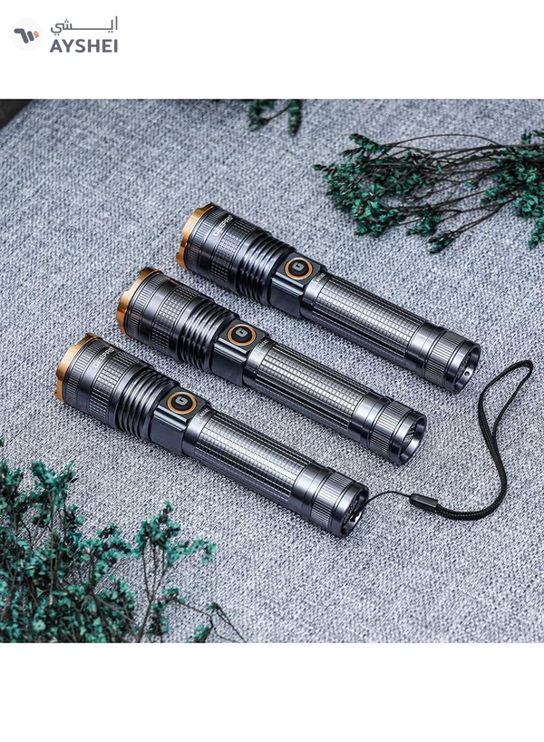 GEEPAS Zoomable 3 IN 1 Family Pack Rechargeable LED Flashlight| Aluminium Alloy Body | 15 W High Power LED | Type C Charging Li-ion 4000 mAh Battery| 6 Hrs working time GFL4658 Black 20cm